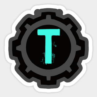 Ice Blue Letter T in a Black Industrial Cog Sticker